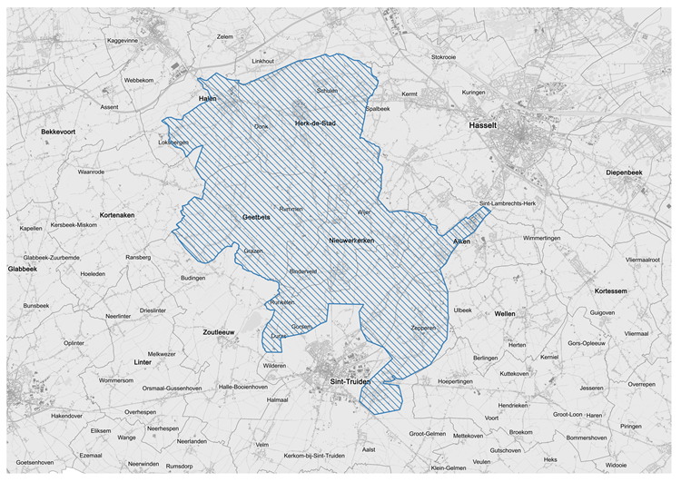 Kaartje met gemarkeerd gebied. Inwoners binnen gemarkeerd gebied krijgen vanaf 2028 zacht water.