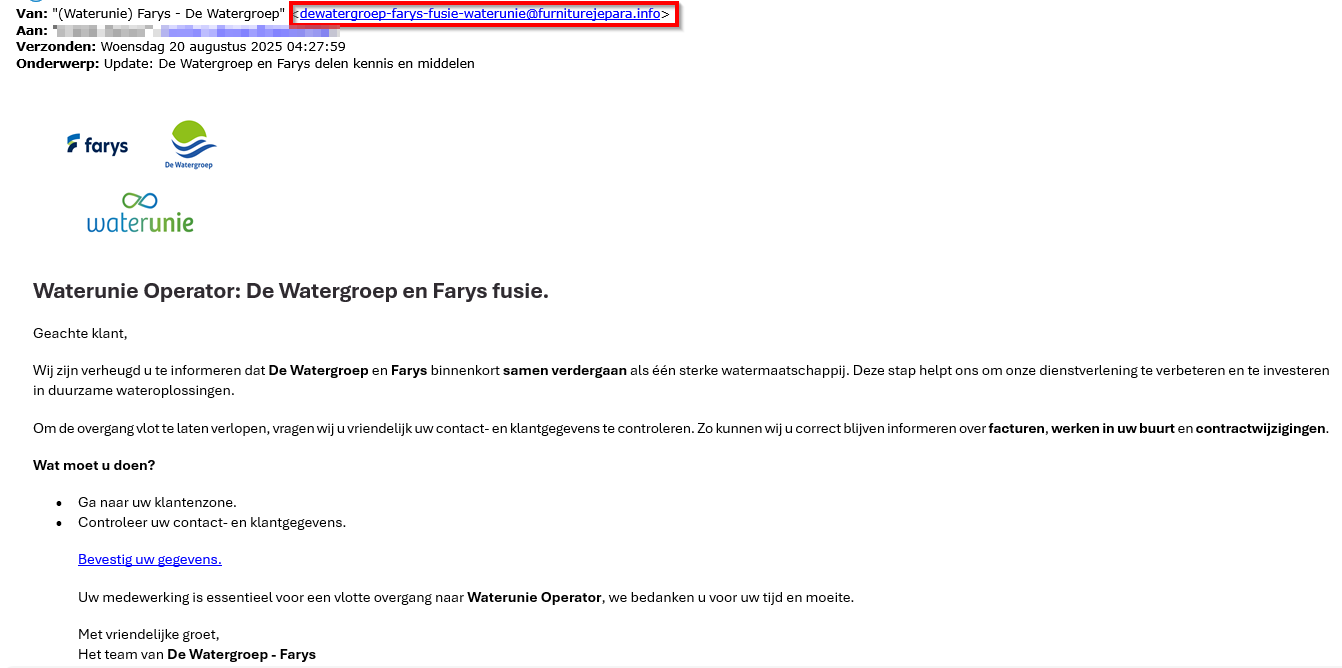 voorbeeld phishing e-mail uit naam Waterunie